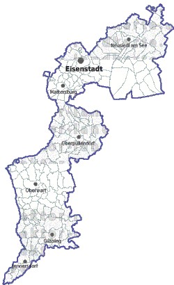Landkarte und Gemeindekarte Burgenland Bezirksgrenzen und Gemeindegrenzen vielen Orten