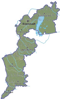 Landkarte und Gemeindekarte Burgenland Bezirksgrenzen vielen Orten Hhenrelief Flssen und Seen