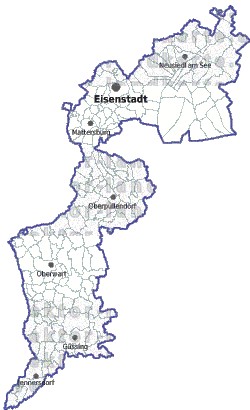 Landkarte und Gemeindekarte Burgenland Gemeindegrenzen vielen Orten