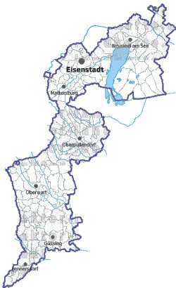 Landkarte und Gemeindekarte Burgenland Regionen und Gemeindegrenzen vielen Orten Flssen und Seen
