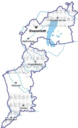 Landkarte und Gemeindekarte Burgenland Regionen vielen Orten Flssen und Seen