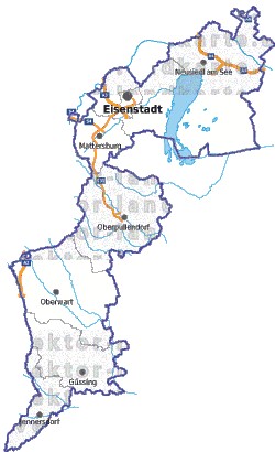 Landkarte, Straßenkarte und Gemeindekarte Burgenland Bezirksgrenzen vielen Orten Flssen und Seen