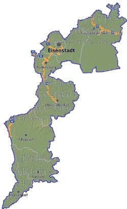 Landkarte, Straßenkarte und Gemeindekarte Burgenland Bezirksgrenzen vielen Orten Hhenrelief