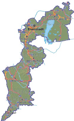 Landkarte, Straßenkarte und Gemeindekarte Burgenland vielen Orten Hhenrelief Flssen und Seen