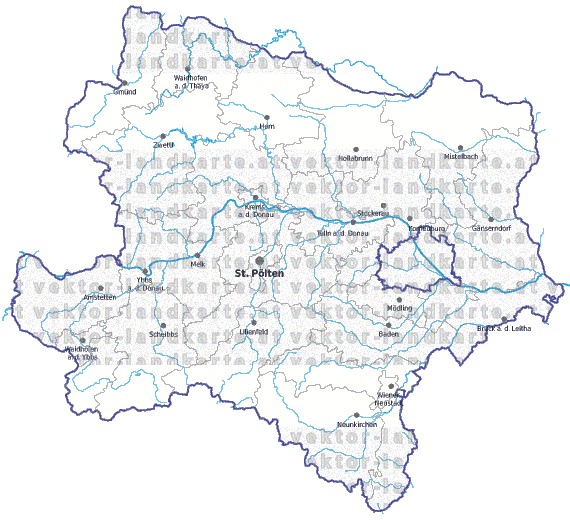 Landkarte und Gemeindekarte Niederoesterreich Bezirksgrenzen vielen Orten Flssen und Seen