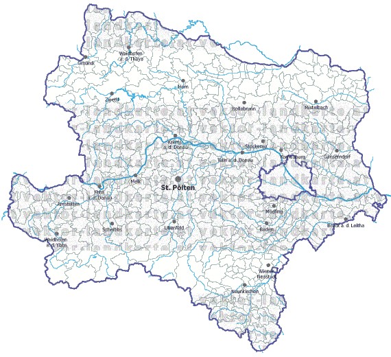 Landkarte und Gemeindekarte Niederoesterreich Regionen und Gemeindegrenzen vielen Orten Flssen und Seen