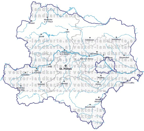 Landkarte und Gemeindekarte Niederoesterreich Regionen vielen Orten Flssen und Seen