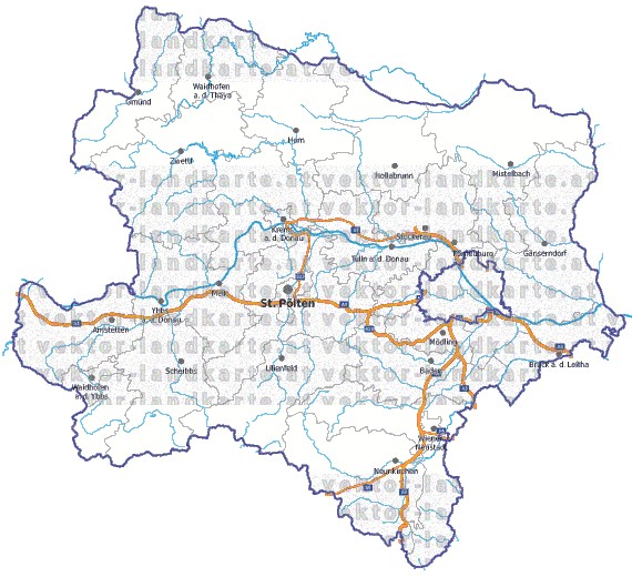 Landkarte, Straßenkarte und Gemeindekarte Niederoesterreich Bezirksgrenzen vielen Orten Flssen und Seen