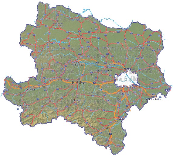Landkarte, Straßenkarte und Gemeindekarte Niederoesterreich Regionen vielen Orten Hhenrelief Flssen und Seen