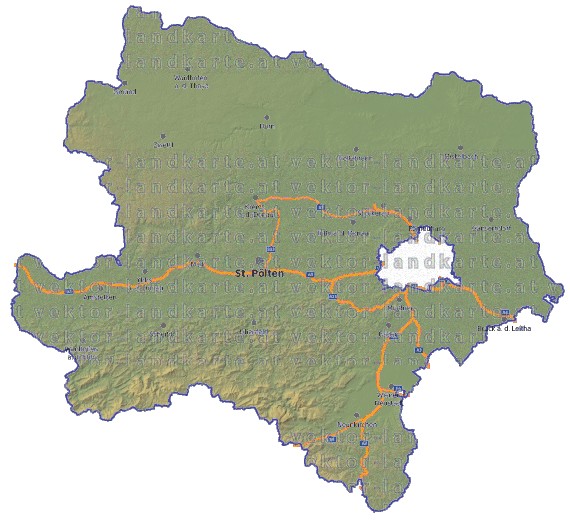 Landkarte, Straßenkarte und Gemeindekarte Niederoesterreich vielen Orten Hhenrelief