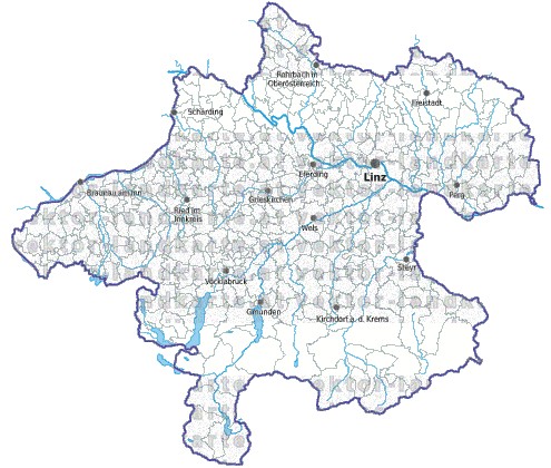 Landkarte und Gemeindekarte Oberoesterreich Bezirksgrenzen und Gemeindegrenzen vielen Orten Flssen und Seen