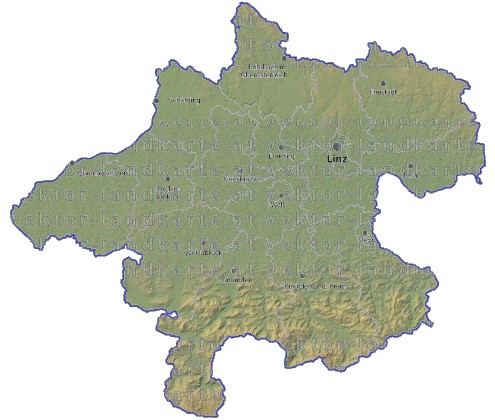 Landkarte und Gemeindekarte Oberoesterreich Bezirksgrenzen vielen Orten Hhenrelief