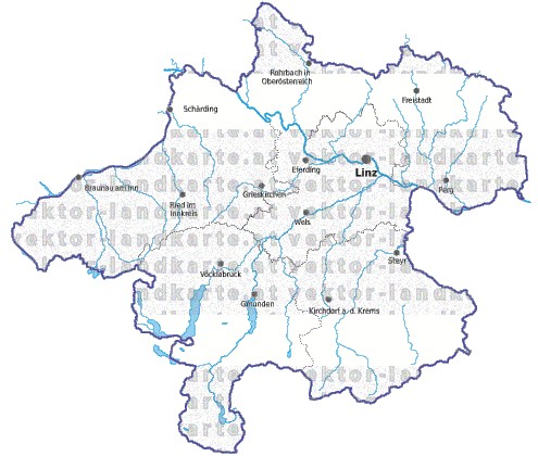 Landkarte und Gemeindekarte Oberoesterreich Regionen vielen Orten Flssen und Seen