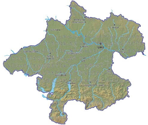 Landkarte und Gemeindekarte Oberoesterreich Regionen vielen Orten Hhenrelief Flssen und Seen