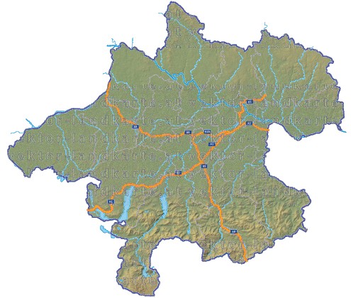 Landkarte und Straßenkarte Oberoesterreich Bezirksgrenzen Hhenrelief Flssen und Seen