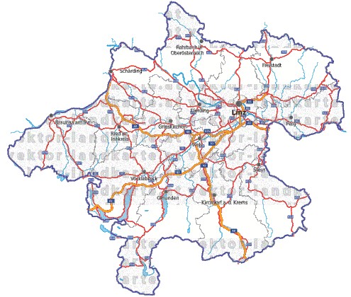 Landkarte, Straßenkarte und Gemeindekarte Oberoesterreich Bezirksgrenzen vielen Orten Flssen und Seen