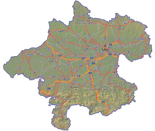 Landkarte, Straßenkarte und Gemeindekarte Oberoesterreich Bezirksgrenzen vielen Orten Hhenrelief
