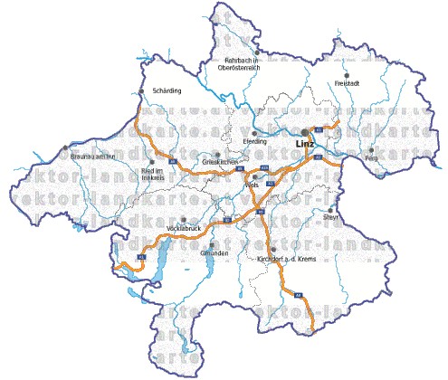Landkarte, Straßenkarte und Gemeindekarte Oberoesterreich Regionen vielen Orten Flssen und Seen