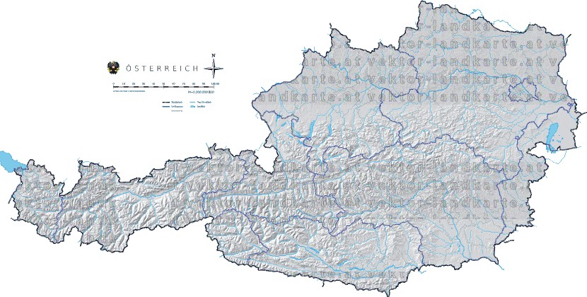 Landkarte Oesterreich Bezirksgrenzen Hhenrelief Flssen und Seen