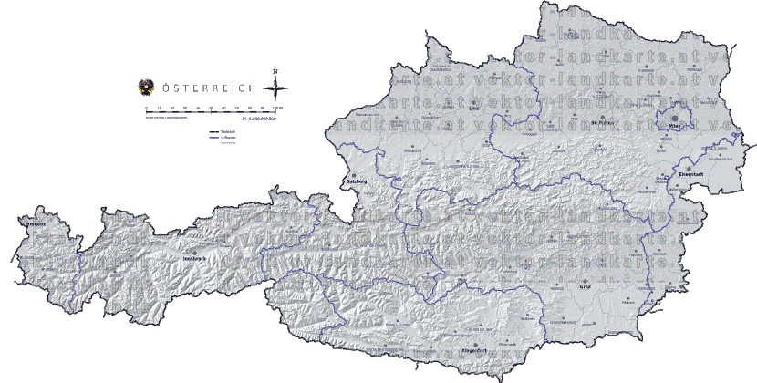 Landkarte und Gemeindekarte Oesterreich Bezirksgrenzen vielen Orten Hhenrelief