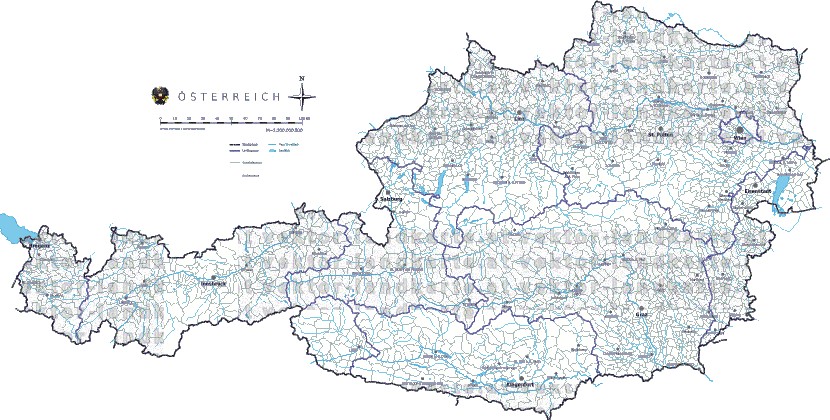 Landkarte und Gemeindekarte Oesterreich Regionen und Gemeindegrenzen vielen Orten Flssen und Seen