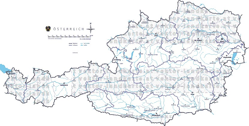 Landkarte und Gemeindekarte Oesterreich Regionen vielen Orten Flssen und Seen
