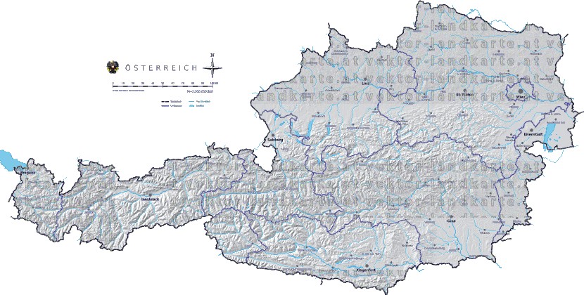 Landkarte und Gemeindekarte Oesterreich vielen Orten Hhenrelief Flssen und Seen