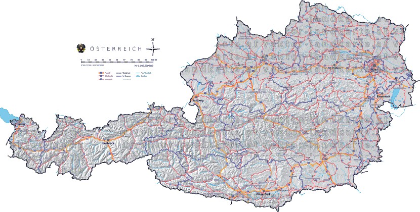 Landkarte, Straßenkarte und Gemeindekarte Oesterreich Bezirksgrenzen vielen Orten Hhenrelief Flssen und Seen