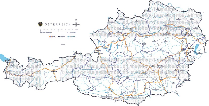 Landkarte, Straßenkarte und Gemeindekarte Oesterreich Regionen vielen Orten Flssen und Seen
