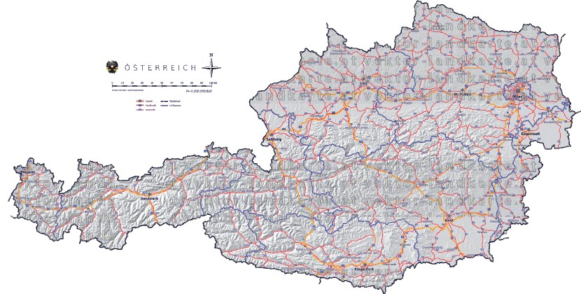 Landkarte, Straßenkarte und Gemeindekarte Oesterreich vielen Orten Hhenrelief