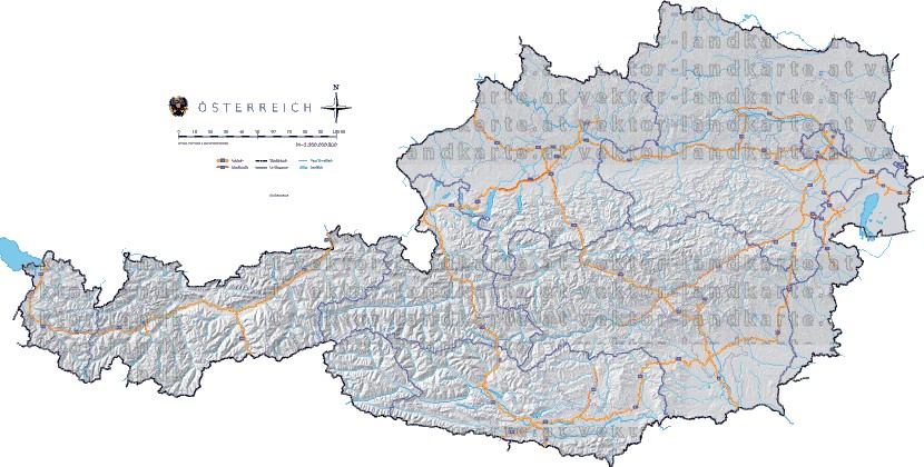 Landkarte und Straßenkarte Oesterreich Regionen Hhenrelief Flssen und Seen