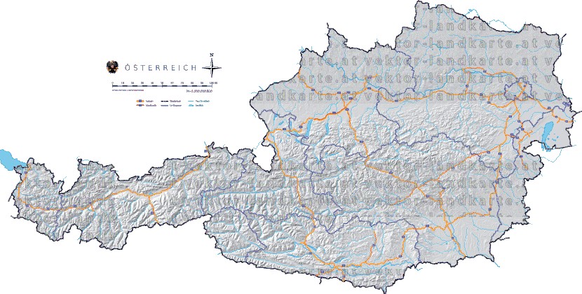 Landkarte und Straßenkarte Oesterreich Hhenrelief Flssen und Seen