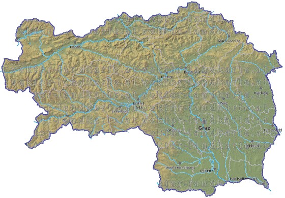 Landkarte und Gemeindekarte Steiermark Bezirksgrenzen vielen Orten Hhenrelief Flssen und Seen