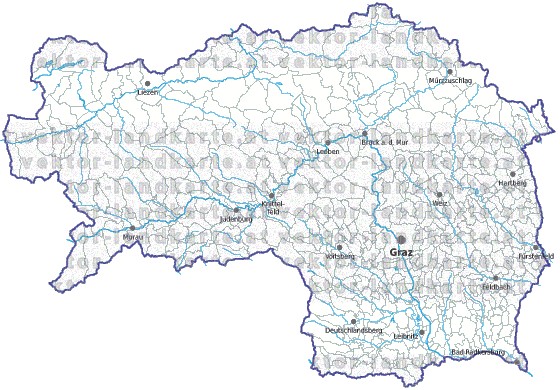 Landkarte und Gemeindekarte Steiermark Gemeindegrenzen vielen Orten Flssen und Seen