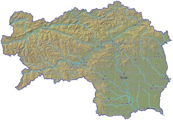 Landkarte und Gemeindekarte Steiermark vielen Orten Hhenrelief Flssen und Seen