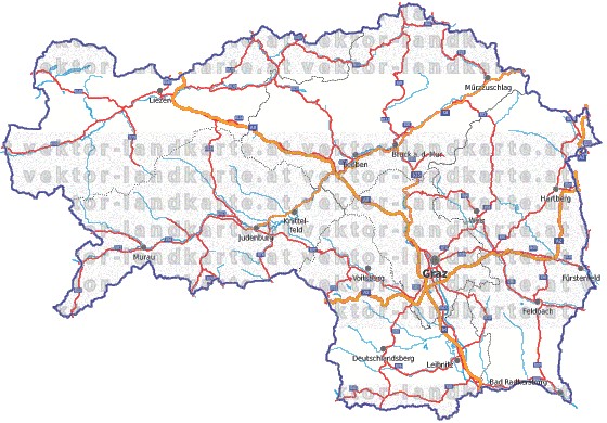 Landkarte, Straßenkarte und Gemeindekarte Steiermark Regionen vielen Orten Flssen und Seen