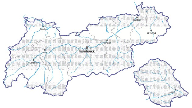 Landkarte und Gemeindekarte Tirol Bezirksgrenzen vielen Orten Flssen und Seen