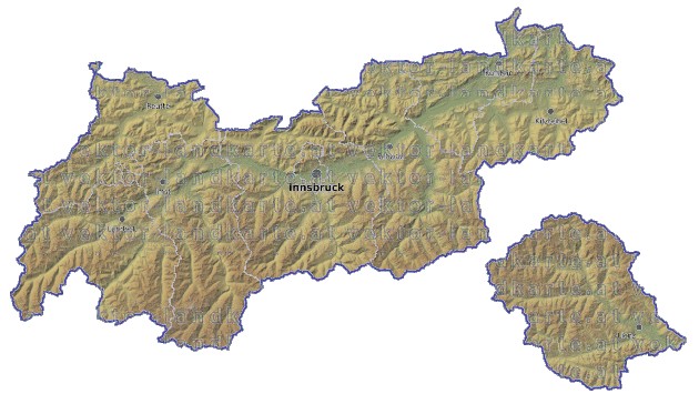 Landkarte und Gemeindekarte Tirol Bezirksgrenzen vielen Orten Hhenrelief