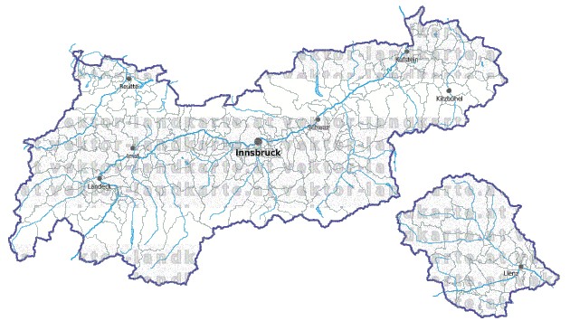 Landkarte und Gemeindekarte Tirol Regionen und Gemeindegrenzen vielen Orten Flssen und Seen