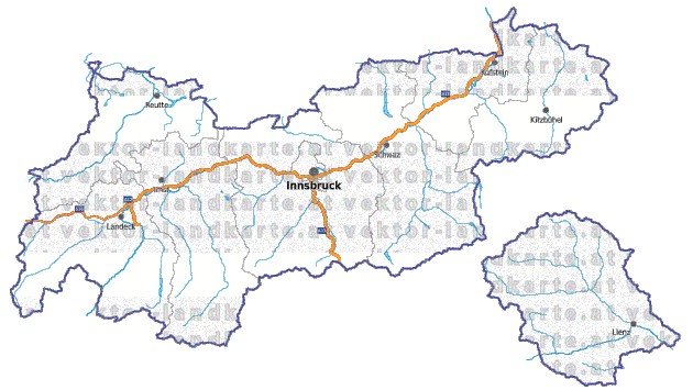 Landkarte, Straßenkarte und Gemeindekarte Tirol Bezirksgrenzen vielen Orten Flssen und Seen