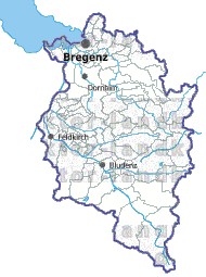 Landkarte und Gemeindekarte Vorarlberg Bezirksgrenzen und Gemeindegrenzen vielen Orten Flssen und Seen