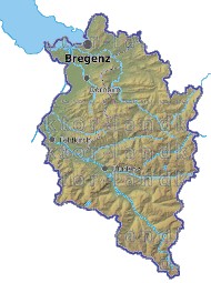 Landkarte und Gemeindekarte Vorarlberg Regionen vielen Orten Hhenrelief Flssen und Seen