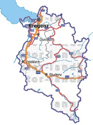 Landkarte, Straßenkarte und Gemeindekarte Vorarlberg Regionen vielen Orten Flssen und Seen