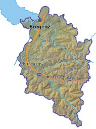 Landkarte, Straßenkarte und Gemeindekarte Vorarlberg Regionen vielen Orten Hhenrelief Flssen und Seen