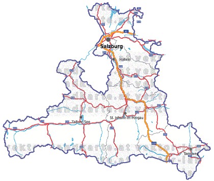 Landkarte, Straßenkarte und Gemeindekarte Salzburg Bezirksgrenzen vielen Orten Flssen und Seen