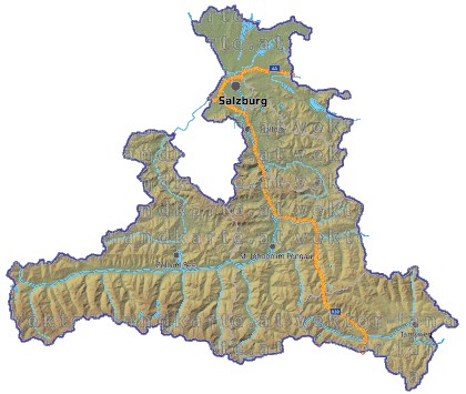 Landkarte, Straßenkarte und Gemeindekarte Salzburg Bezirksgrenzen vielen Orten Hhenrelief Flssen und Seen