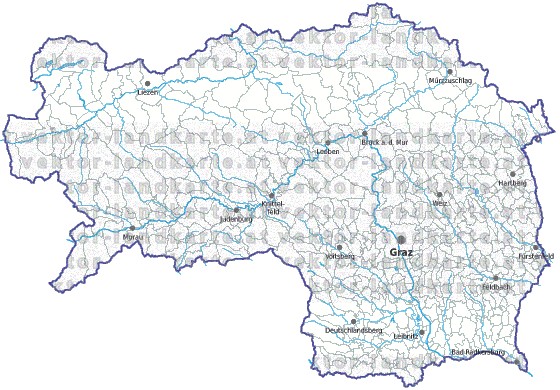 Landkarte und Gemeindekarte Steiermark Gemeindegrenzen vielen Orten Flssen und Seen