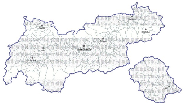 Landkarte und Gemeindekarte Tirol Regionen und Gemeindegrenzen vielen Orten