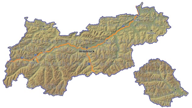 Landkarte, Straßenkarte und Gemeindekarte Tirol vielen Orten Hhenrelief